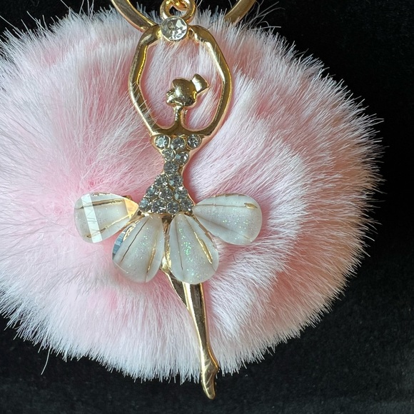 Enamel Ballerina Diamond & Pearl Accent with Pink Pom Pom Purse Charm /Key Charm - Picture 4 of 7